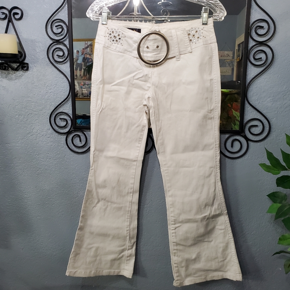 Vintage 2yk Angels Rhinestones Beaded White Flare/ Bootcut Pants Size 5 - Picture 10 of 11